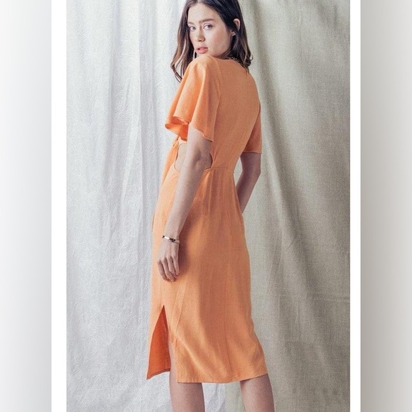 NWOT Fore Orange Sorbet Summer Cutout Flutter Sleeve Midi Dress, Size L. - Picture 2 of 7